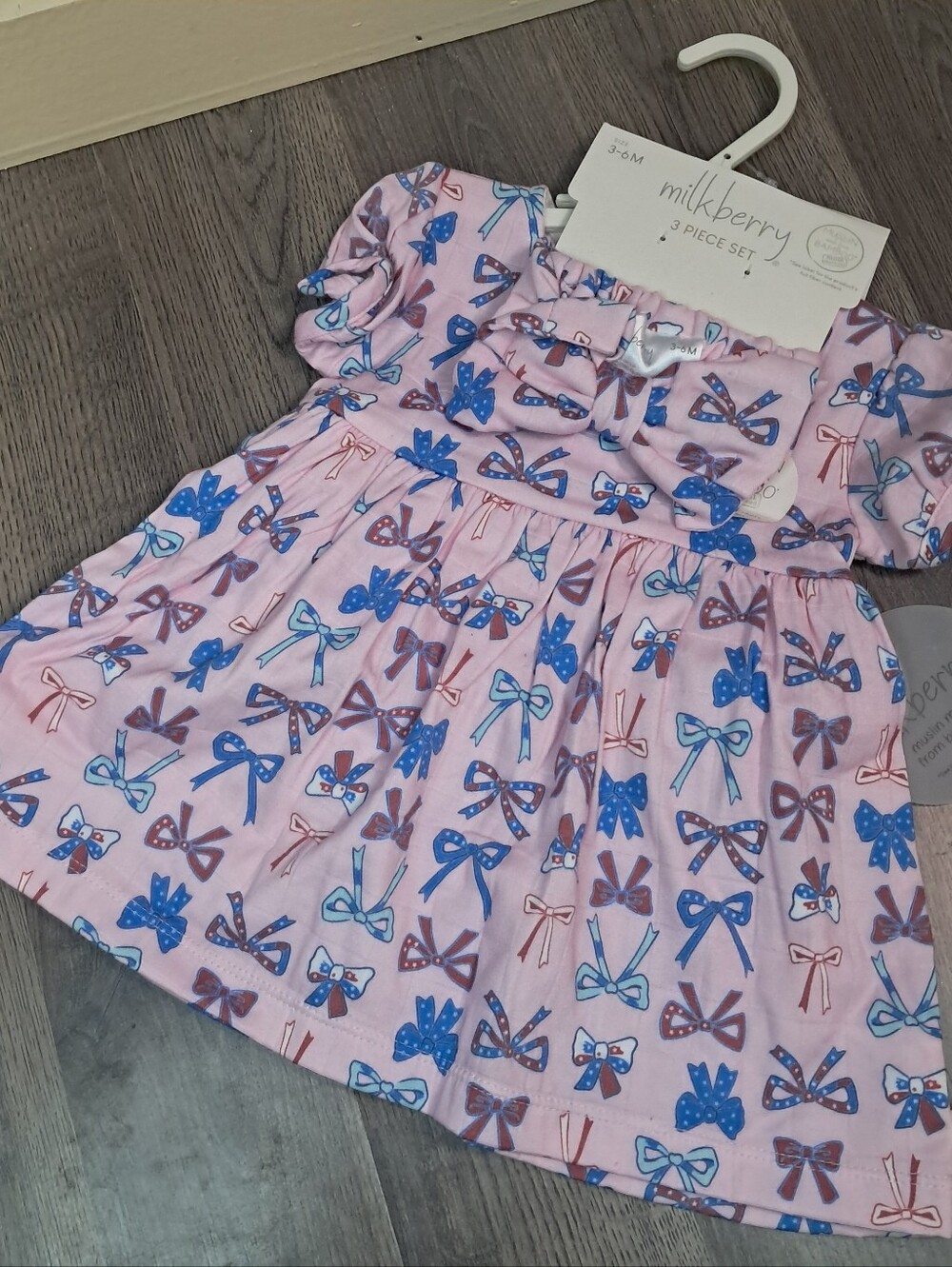 Milkberry Baby Girl Muslin Dress, Diaper Cover Matching Headband Set Size 3-6